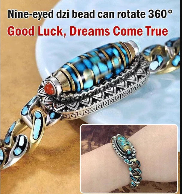 TURQUOISE SIX-CHARACTER MANTRA NINE-EYED DZI BEAD BRACELET